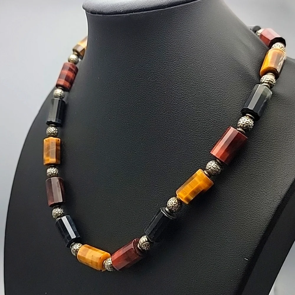Red Yellow Blue Faceted Tiger Eye Tube Bead Silver Gold Tone Beaded Necklace